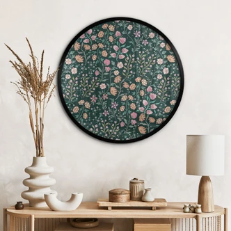 Poster Fiori di prato vintage - Verde scuro - Decorazione floreale - Rotondo Poster Fiori di prato vintage - Verde scuro - Decorazione floreale - Rotondo