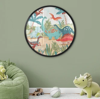 Póster infantil Dinosaurios de colores en el bosque primitivo - Bonne Müller - Redondo 