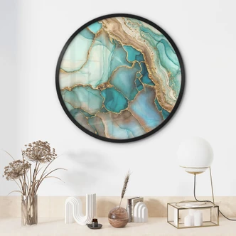 Póster de olas jaspeadas en turquesa y oro - Haase - Redondo 