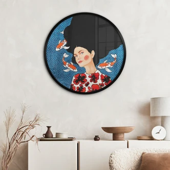 Poster Frau im Blütenkleid mit Kois - Hülya - Rund 