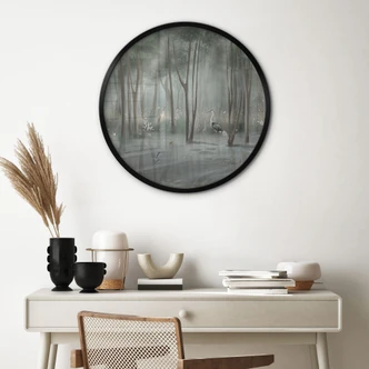 Poster Foresta di nuvole al lago con airone in verde - Ms Tiff - Rotondo 