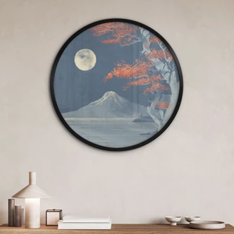 Poster Vintage - Vollmond über dem Gipfel des Fuji-san - Roze - Rund 