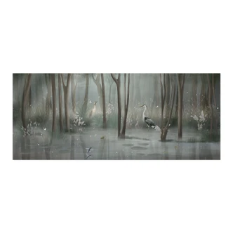 Selbstklebende Küchenrückwand Nebelwald am See mit Reiher in Grün - Ms Tiff 