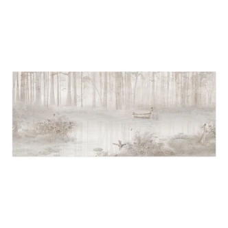 Zelfklevende Keukenachterwand Bos bij het meer in mist in beige - Ms Tiff 