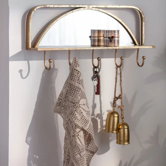 Metall Wandregal Spiegel mit Kleiderhaken - Goldoptik - 60x29x14 cm 