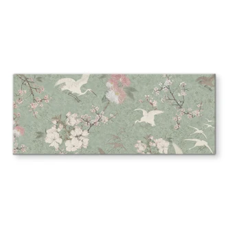 Spritzschutz Kraniche im Kirschblüten-Rausch Grün - Bloomery Decor - Panorama Spritzschutz Kraniche im Kirschblüten-Rausch Grün - Bloomery Decor - Panorama