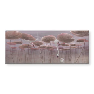 Spatscherm Lotusbloemen met zwaan in water in donkerroze - Ms Tiff - Panorama Spatscherm Lotusbloemen met zwaan in water in donkerroze - Ms Tiff - Panorama