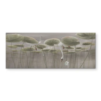 Spatscherm Lotusbloemen met zwaan in water in grijs - Ms Tiff - Panorama 