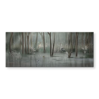 Pannello paraschizzi foresta nebbiosa vicino al lago con airone in verde - Ms Tiff - Panorama 