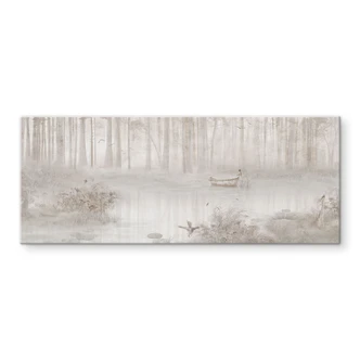 Spatscherm bos bij het meer in beige mist - Ms Tiff - Panorama Spatscherm bos bij het meer in beige mist - Ms Tiff - Panorama
