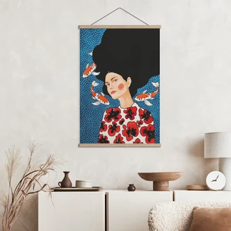 Tekstil plakat kvinde i blomsterkjole med koi - Hülya 