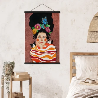 Stampe su tessuto donna con corona di fiori e gatti - Hülya 