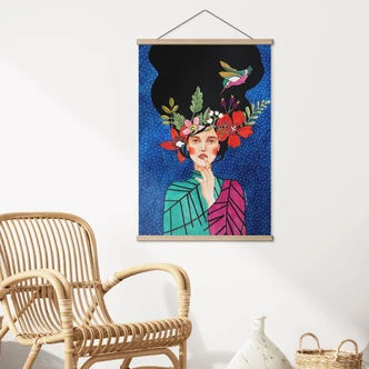 Stoffbild Frau mit Kolibri in der Sternennacht - Hülya 