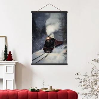 Textile poster steam locomotive in a snowy forest - Melloi Art Prints 