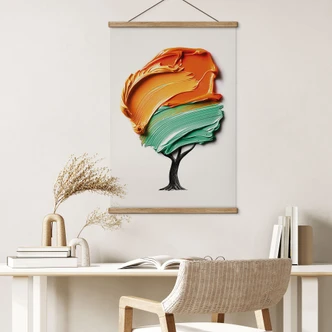 Textielposter boom met oranje en groene 3D kroon - Mielu 
