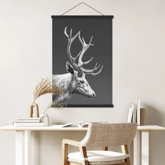 Textielposter hert met gewei zwart-wit - Roberg 