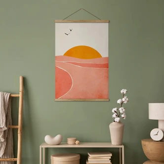 Tekstil plakat Solopgang i landskabet rundt - Kubistika 