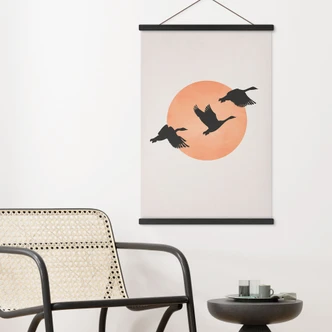 Tekstil plakat Fugle foran den ferskenfarvede sol - Kubistika 