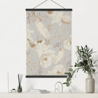 Stoffbild Vögel zwischen weißen Blumen - UN Designs 