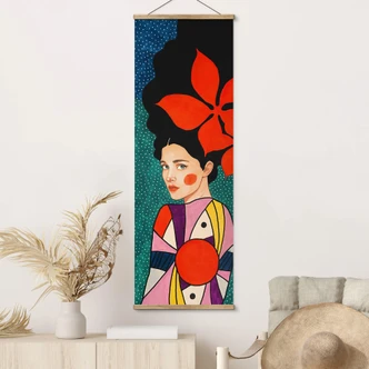 Textielposter Woman with red flowers in her hair - Hülya 