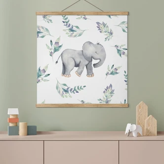 Textil poster Söt elefantunge mellan bohogrenar - UN Designs - Fyrkant 