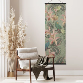 Stoffbild Dschungel mit Papageien Grün - Bloomery Decor - Panorama Stoffbild Dschungel mit Papageien Grün - Bloomery Decor - Panorama