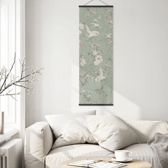 Stoffbild Kraniche im Kirschblüten-Rausch Grün - Bloomery Decor - Panorama Stoffbild Kraniche im Kirschblüten-Rausch Grün - Bloomery Decor - Panorama