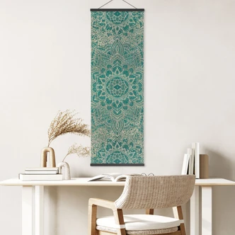 Stoffbild Shabby - Mandala Boho Gold-grün - Bloomery Decor - Panorama 