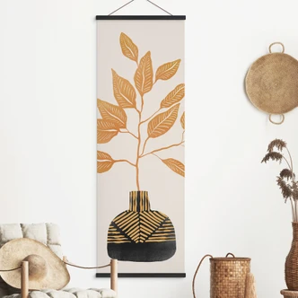 Textile poster Golden branch with leaves - Cats & Dotz - Panorama 