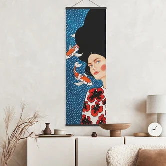 Stoffbild Frau im Blütenkleid mit Kois - Hülya - Panorama 