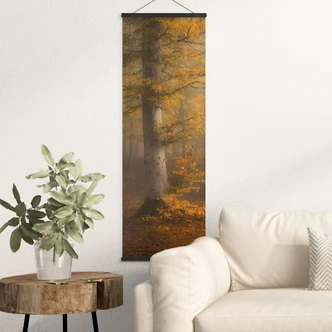 Stoffbild Goldene Blätter im nebligen Wald - Maier - Panorama 