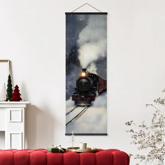 Textile poster Winter - Steam locomotive in a snowy forest - Melloi Art Prints - Panorama 
