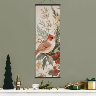 Textile poster Mistletoe - Cardinal bird with berry branch - Melloi Art Prints - Panorama 