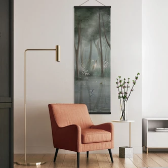 Obraz z tkaniny Chmurny las nad jeziorem z czaplą w zieleni - Ms Tiff - Panorama Obraz z tkaniny Chmurny las nad jeziorem z czaplą w zieleni - Ms Tiff - Panorama