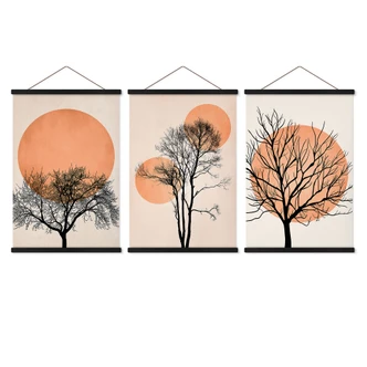 Tekstil plakat Sæt Kubistika - Varm solnedgang i ferskenfarver (3 stk.) 