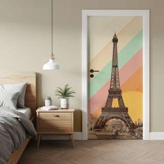 Retro Eiffel Tower door film with rainbow - Bodart - Self-adhesive door decoration Retro Eiffel Tower door film with rainbow - Bodart - Self-adhesive door decoration