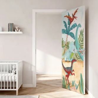 Door film for children's room - Colorful dinosaurs in the primeval forest - Bonne Müller - Self-adhesive door decoration Door film for children's room - Colorful dinosaurs in the primeval forest - Bonne Müller - Self-adhesive door decoration