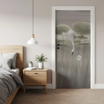 Deurfolie lotusbloemen met zwaan in water in grijs - Ms Tiff 