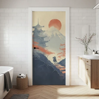 Sunrise over the pagoda door film - Roze - Self-adhesive door decoration Sunrise over the pagoda door film - Roze - Self-adhesive door decoration