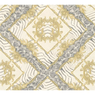 Versace fleecetapet Vasmara barok med ornamenter, grå, guld, creme 