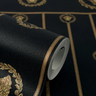 Carta da parati in tessuto non tessuto Versace I Love Baroque Battiscopa Medusa nero oro lusso 