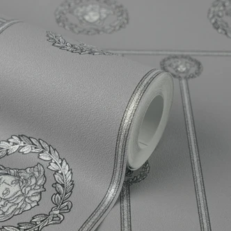Carta da parati in tessuto non tessuto Versace con bordo di base Testa di medusa grigio argento metallizzato 