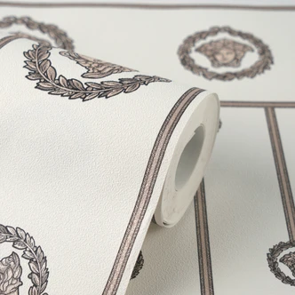 Carta da parati in tessuto non tessuto Versace con bordo di base Testa di medusa bianco beige metallizzato 