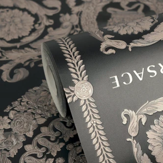 Carta da parati in tessuto non tessuto Versace Heritage Baroque Medallion Floral Nero Beige Grigio lussuoso 