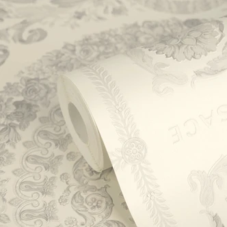 Carta da parati in tessuto non tessuto Versace Heritage Baroque Medallion Floral White Grey lussuosa ed elegante 
