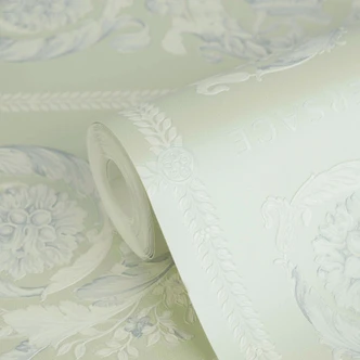 Carta da parati in tessuto non tessuto Versace Heritage Baroque Medallion Floral Green White Blue luxurious 