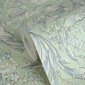 Carta da parati in tessuto non tessuto Versace Barocco Neo classico viticci floreali verde blu bianco elegante 