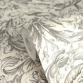 Carta da parati in tessuto non tessuto Versace Barocco Neo classico viticci floreali grigio bianco elegante 