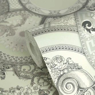 Carta da parati in tessuto non tessuto Versace Art De La Table Circles Meander Medusa Verde Grigio Metallizzato 