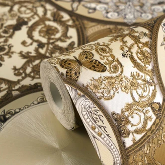Carta da parati in tessuto non tessuto Versace Art De La Table Barocco Cerchi Medusa Meandro Oro Crema 